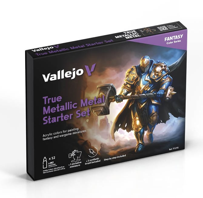 Vallejo True Metallic Metal Starter Value Set of 12 with Brush and Miniature 77272