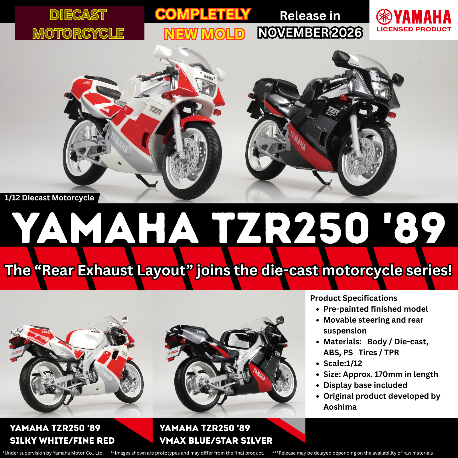 Aoshima Diecast Yamaha TZR250 1989 VMAX Silky White/Fine Red Motorcycle 1/12 Scale 11214 details